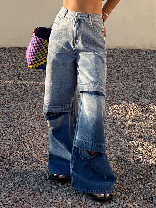 CM-BS078720 Women Casual Seoul Style Ombre Washed Distressed Loose Flare Leg Jeans - Blue