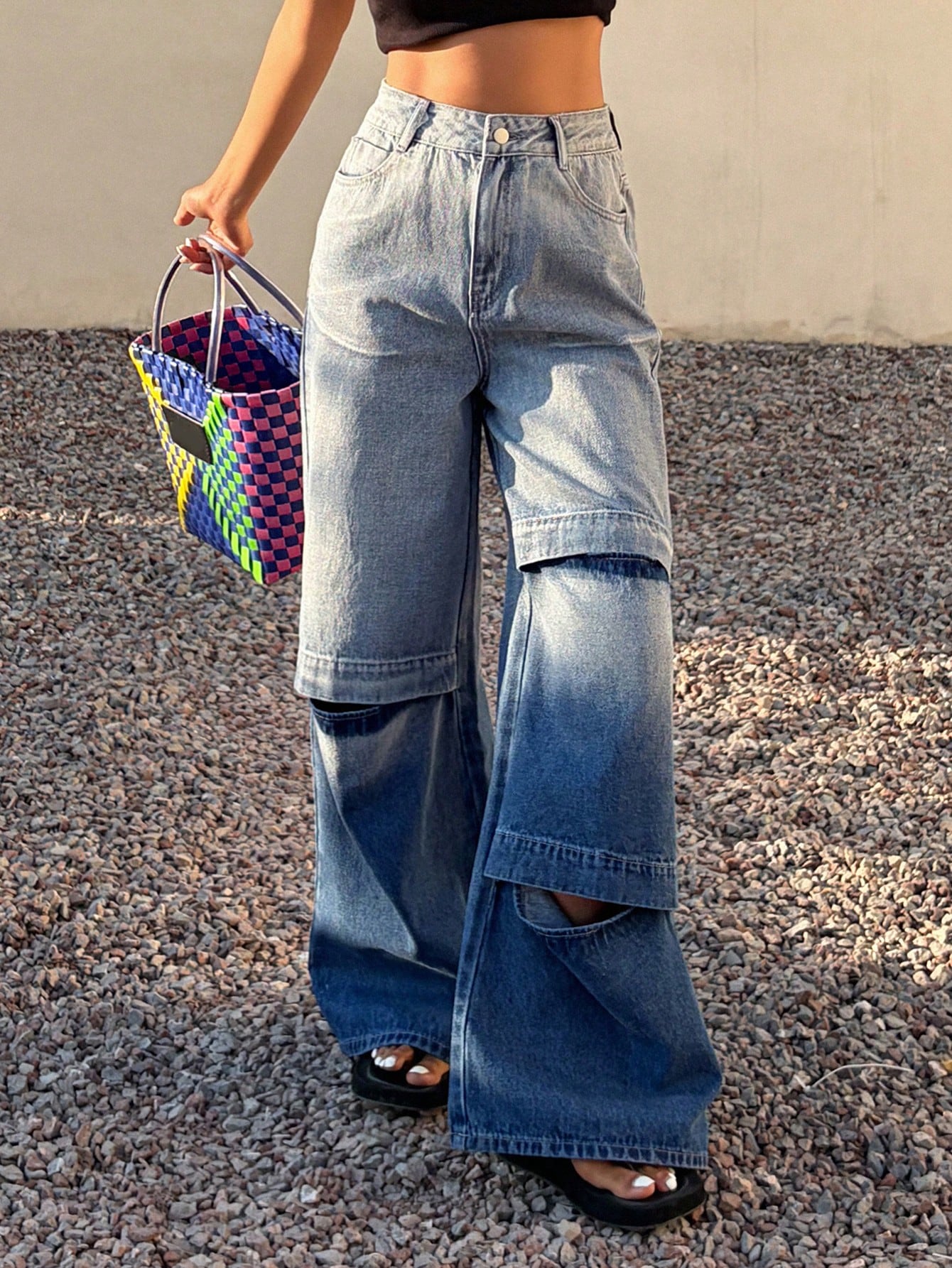 CM-BS078720 Women Casual Seoul Style Ombre Washed Distressed Loose Flare Leg Jeans - Blue