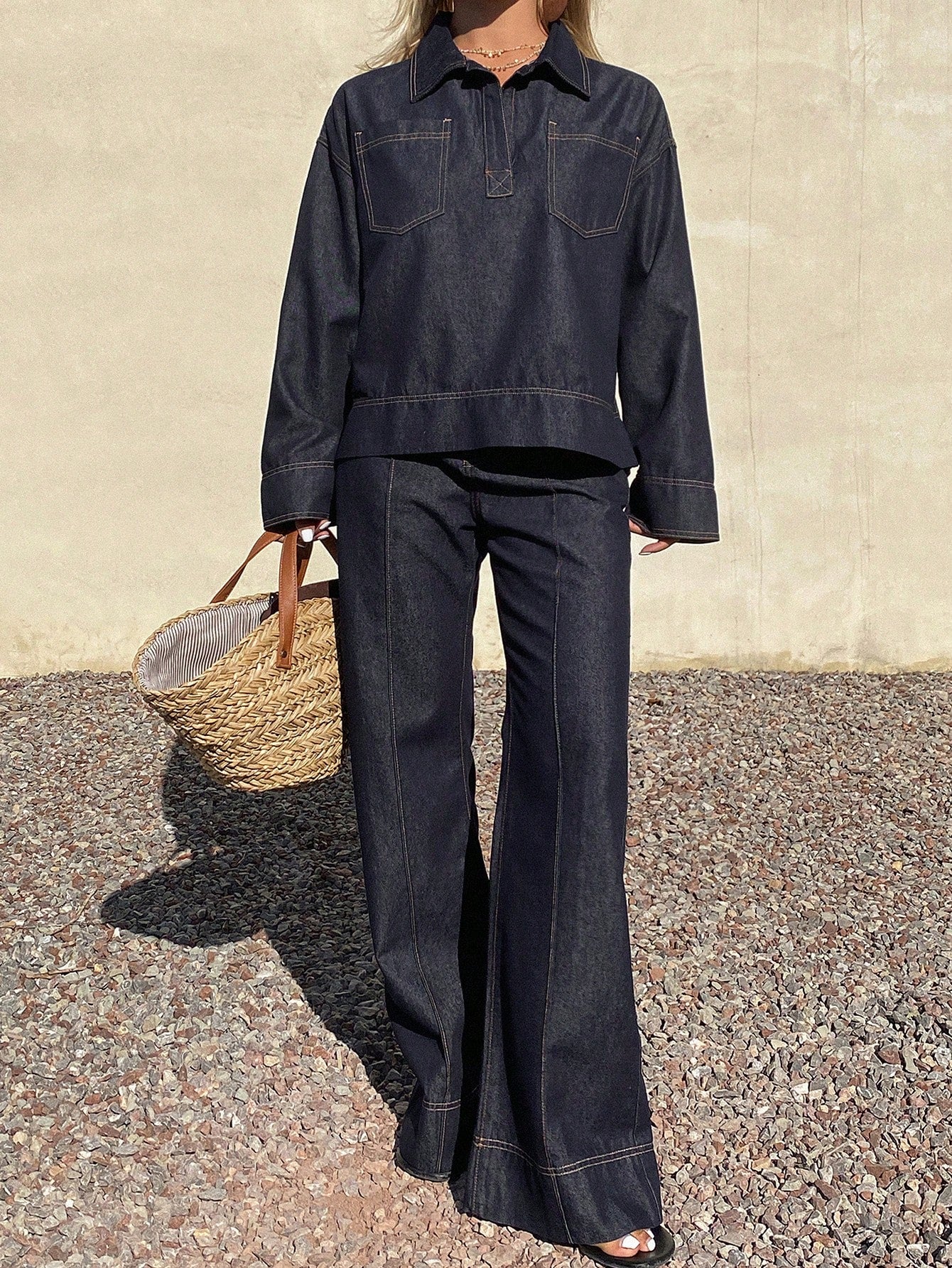 CM-SS716508 Women Casual Seoul Style Collar Neckline Long Sleeve Oversized Denim Shirt With Pants - Set