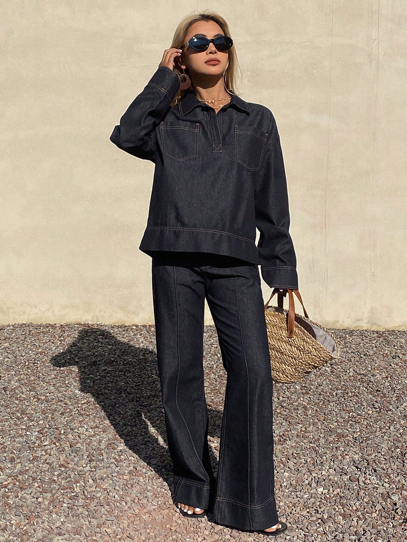 CM-SS716508 Women Casual Seoul Style Collar Neckline Long Sleeve Oversized Denim Shirt With Pants - Set
