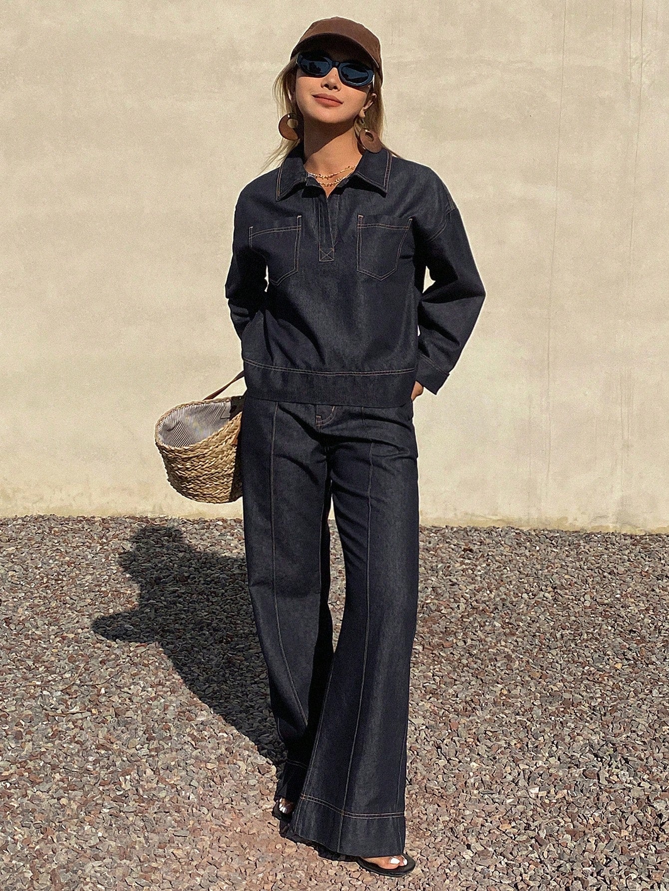 CM-SS716508 Women Casual Seoul Style Collar Neckline Long Sleeve Oversized Denim Shirt With Pants - Set