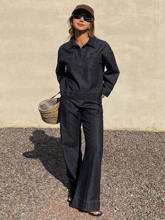 CM-SS716508 Women Casual Seoul Style Collar Neckline Long Sleeve Oversized Denim Shirt With Pants - Set