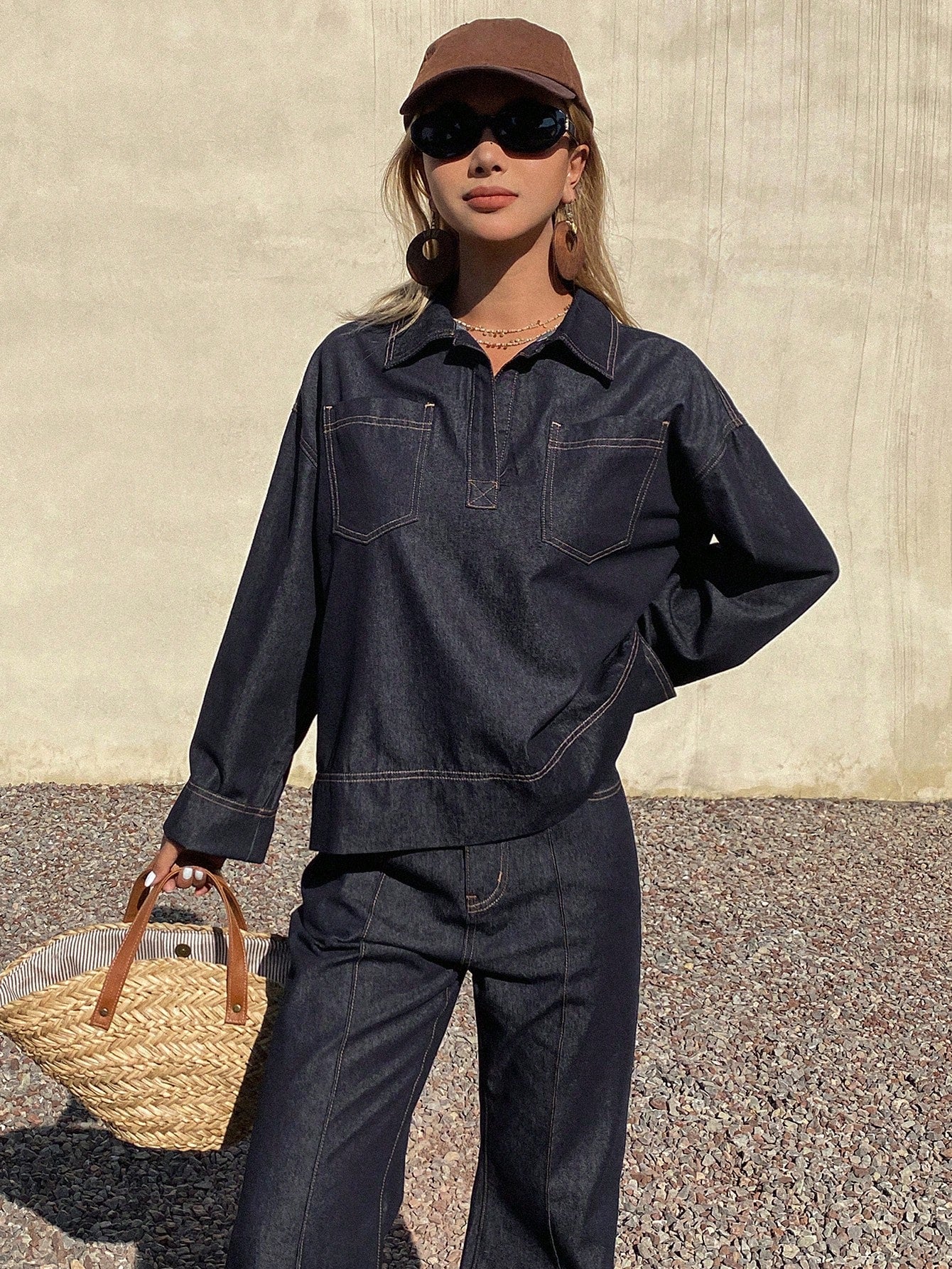 CM-SS716508 Women Casual Seoul Style Collar Neckline Long Sleeve Oversized Denim Shirt With Pants - Set