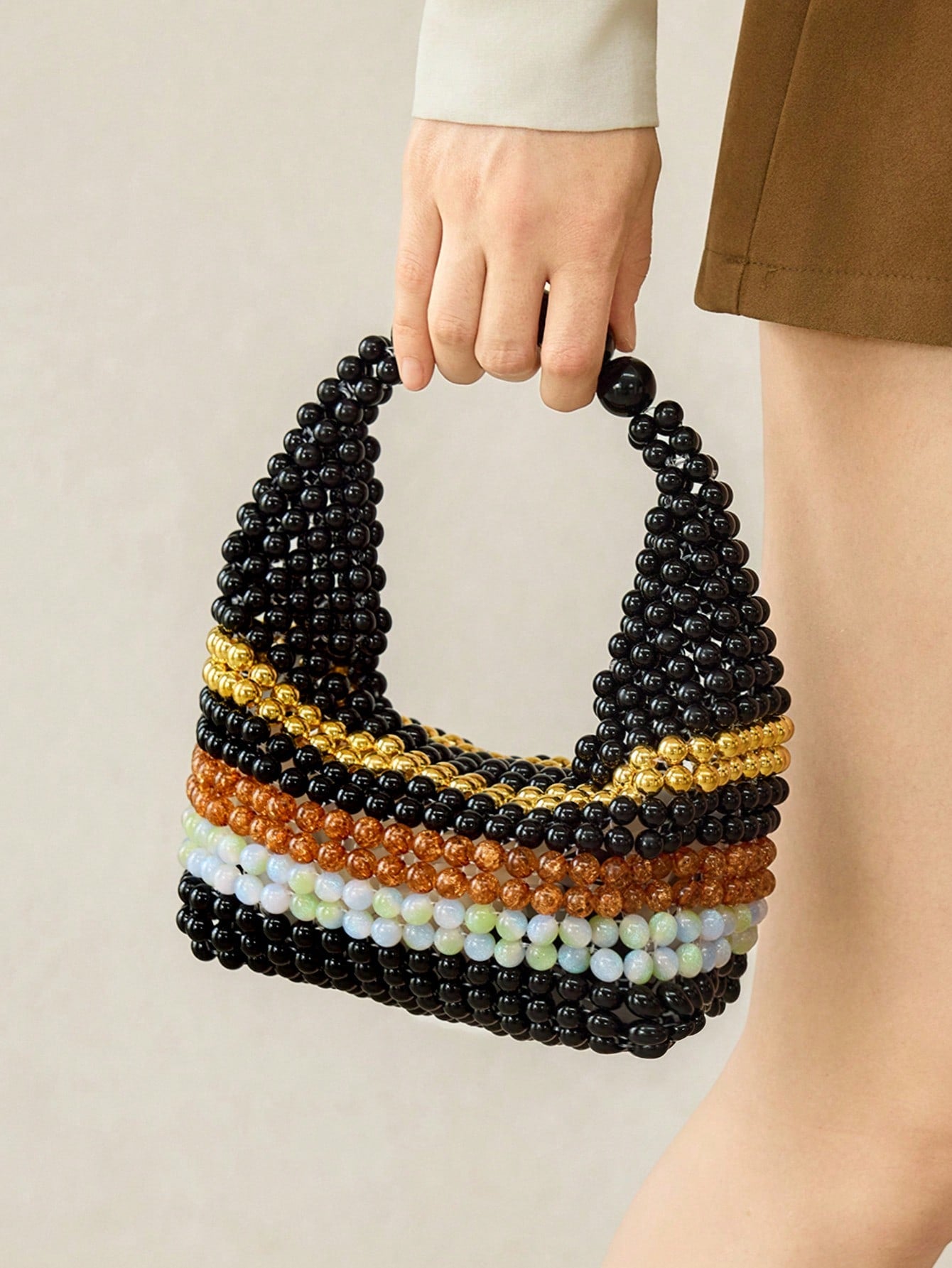 CM-BGS432862 Women Trendy Seoul Style Handmade Beaded Colorblock Striped Tote Bag