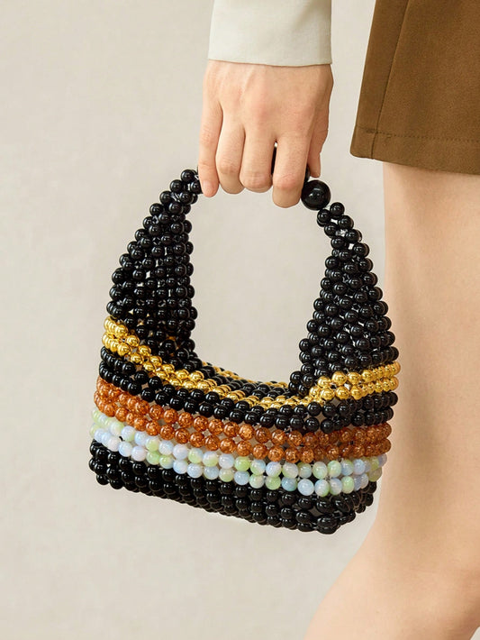CM-BGS432862 Women Trendy Seoul Style Handmade Beaded Colorblock Striped Tote Bag