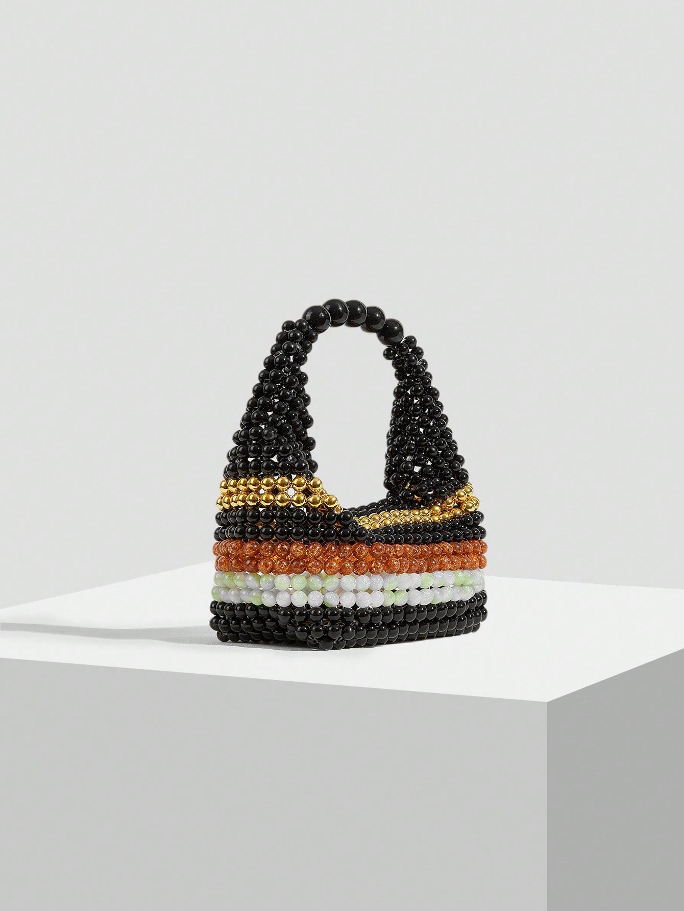 CM-BGS432862 Women Trendy Seoul Style Handmade Beaded Colorblock Striped Tote Bag