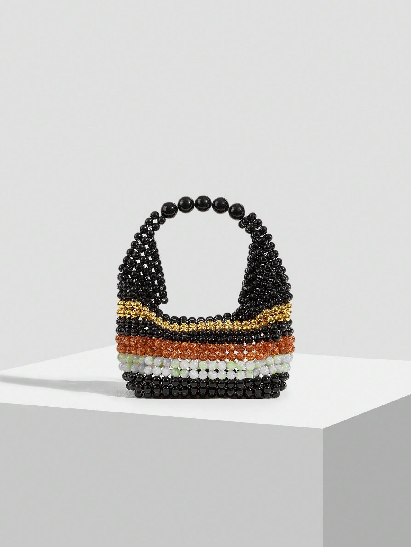CM-BGS432862 Women Trendy Seoul Style Handmade Beaded Colorblock Striped Tote Bag