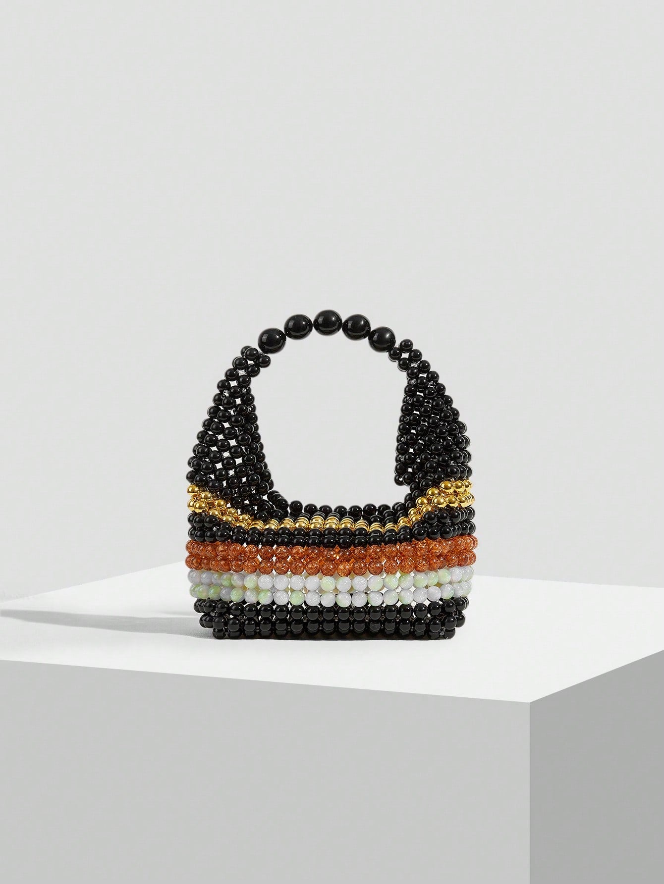 CM-BGS432862 Women Trendy Seoul Style Handmade Beaded Colorblock Striped Tote Bag