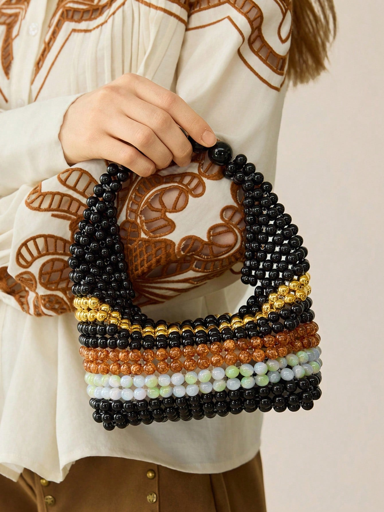 CM-BGS432862 Women Trendy Seoul Style Handmade Beaded Colorblock Striped Tote Bag