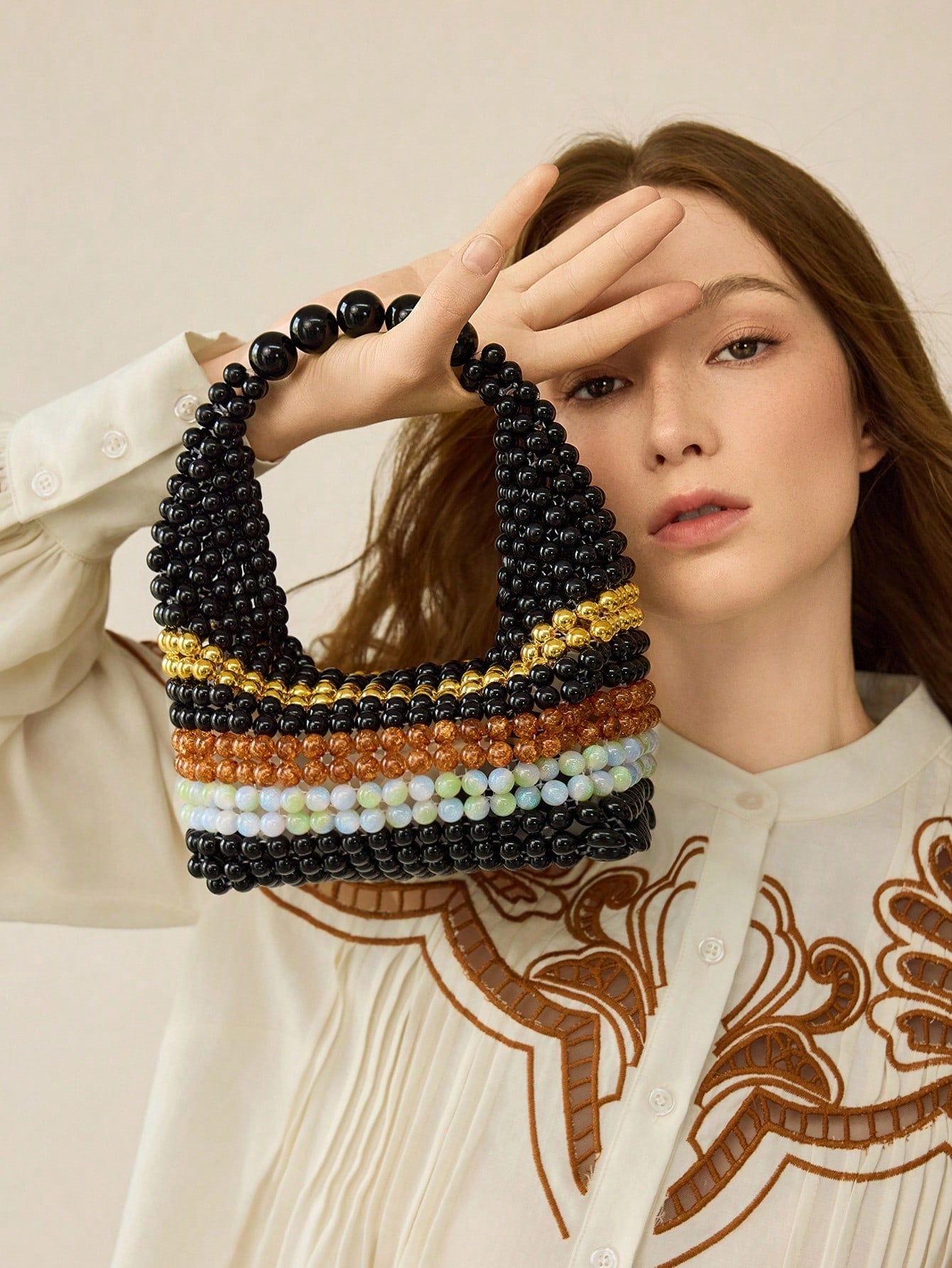 CM-BGS432862 Women Trendy Seoul Style Handmade Beaded Colorblock Striped Tote Bag