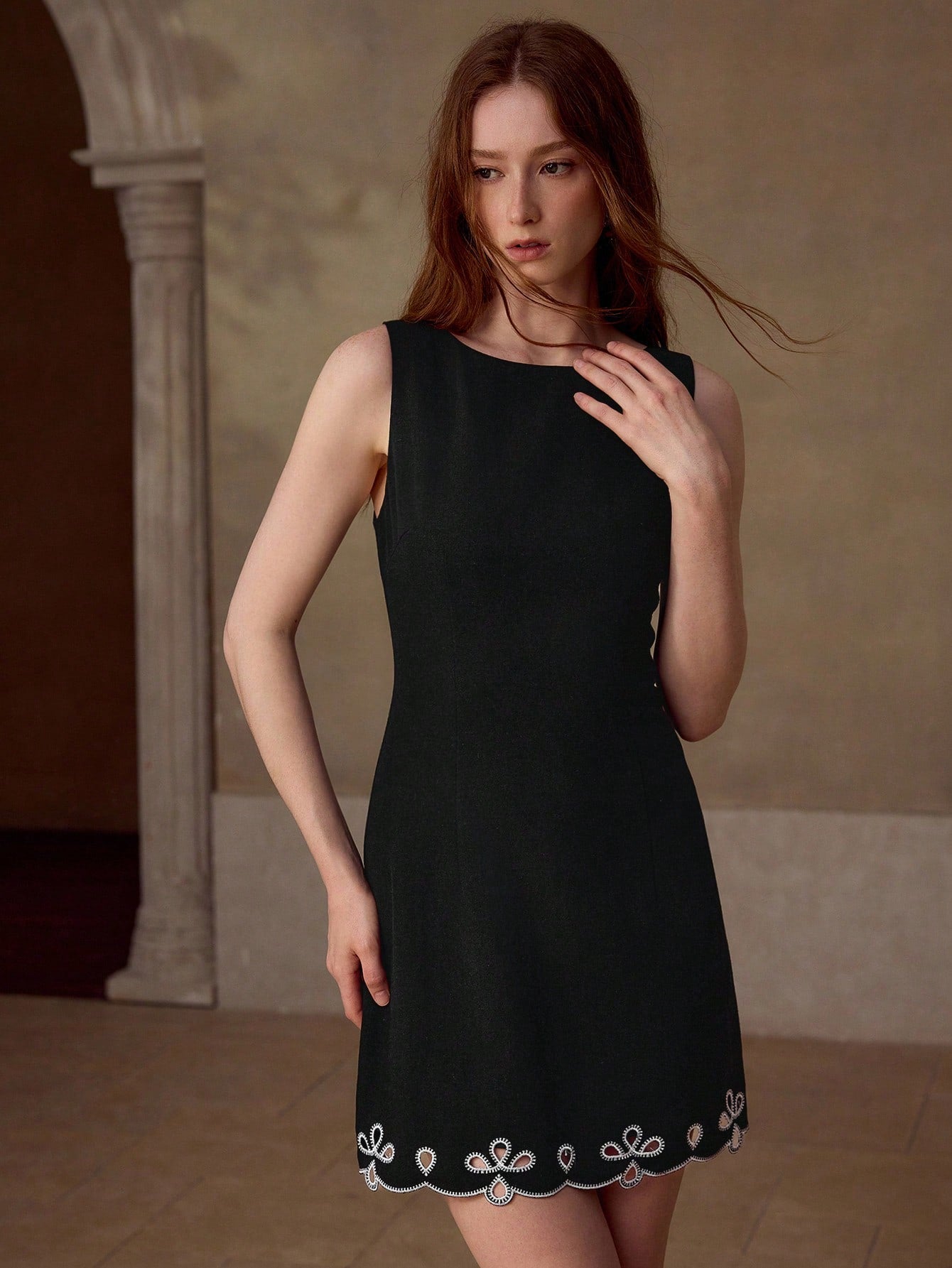 CM-DS711434 Women Elegant Seoul Style Round Neck Sleevless Linen Blend Embroidered Mini Dress - Black