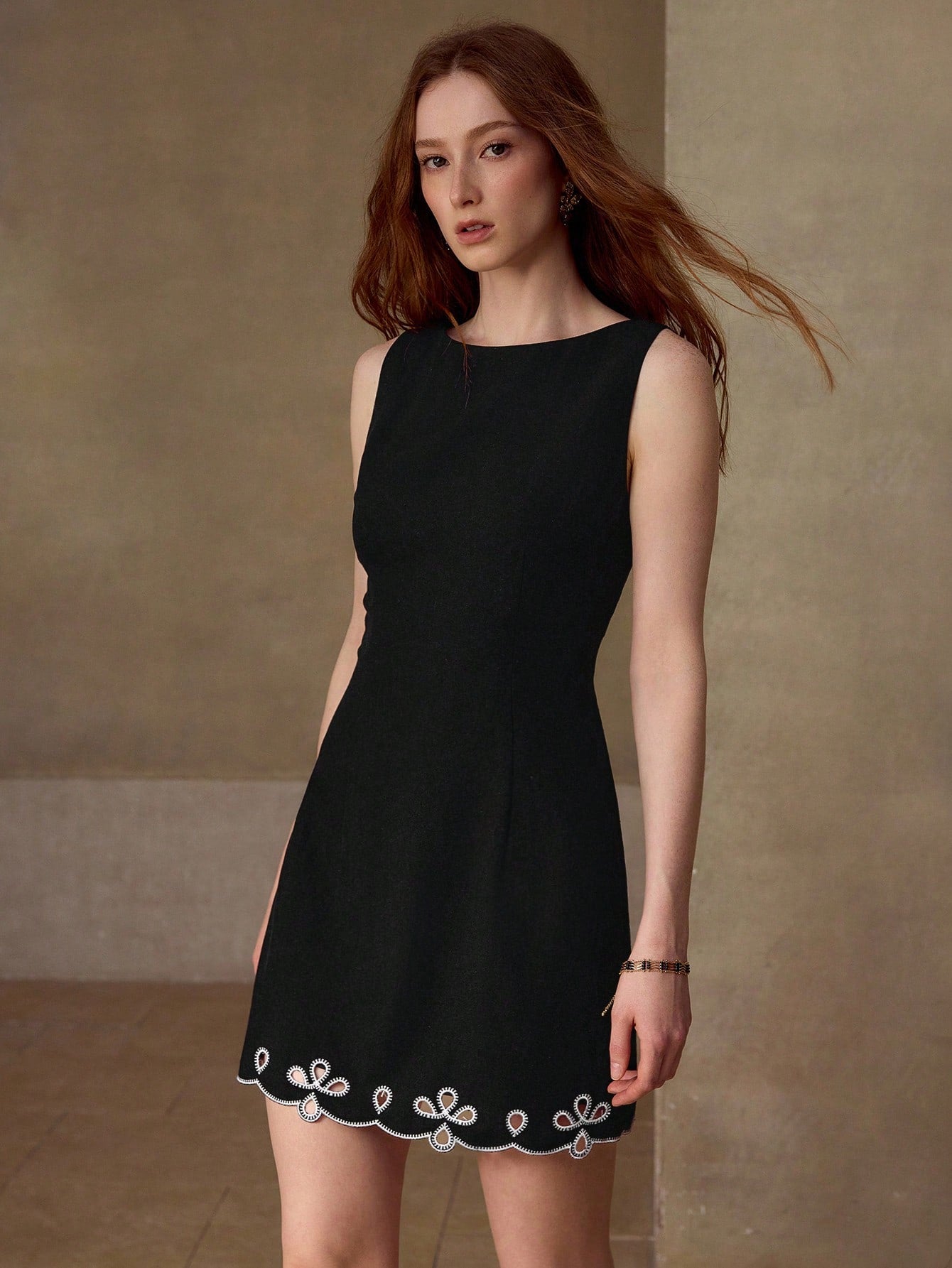 CM-DS711434 Women Elegant Seoul Style Round Neck Sleevless Linen Blend Embroidered Mini Dress - Black