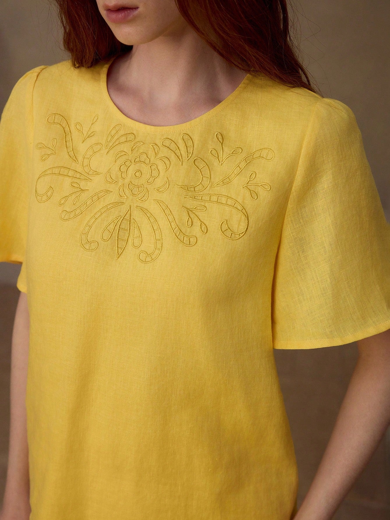 CM-TS185084 Women Elegant Seoul Style Round Neck Flounce Short Sleeve Linen Blouse - Yellow
