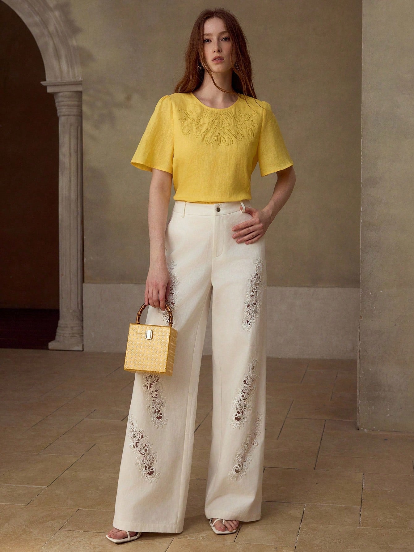CM-TS185084 Women Elegant Seoul Style Round Neck Flounce Short Sleeve Linen Blouse - Yellow