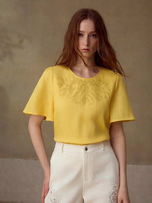 CM-TS185084 Women Elegant Seoul Style Round Neck Flounce Short Sleeve Linen Blouse - Yellow