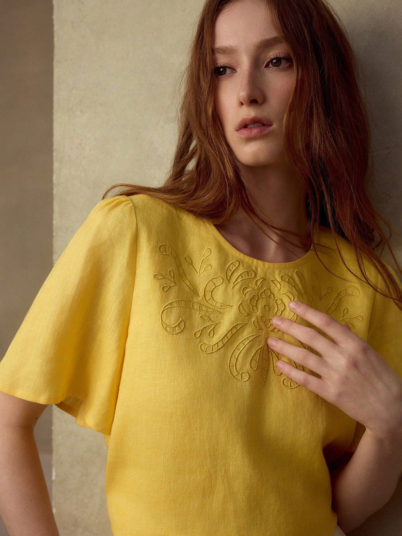 CM-TS185084 Women Elegant Seoul Style Round Neck Flounce Short Sleeve Linen Blouse - Yellow