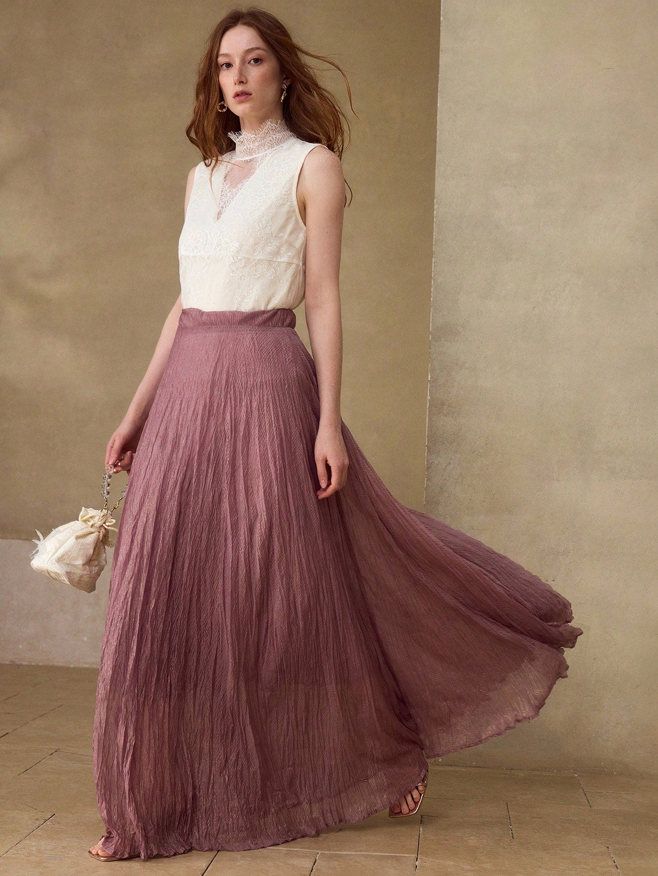 CM-BS416190 Women Elegant Seoul Style Mid Waist Pleated Flared Flowy Skirt - Purple