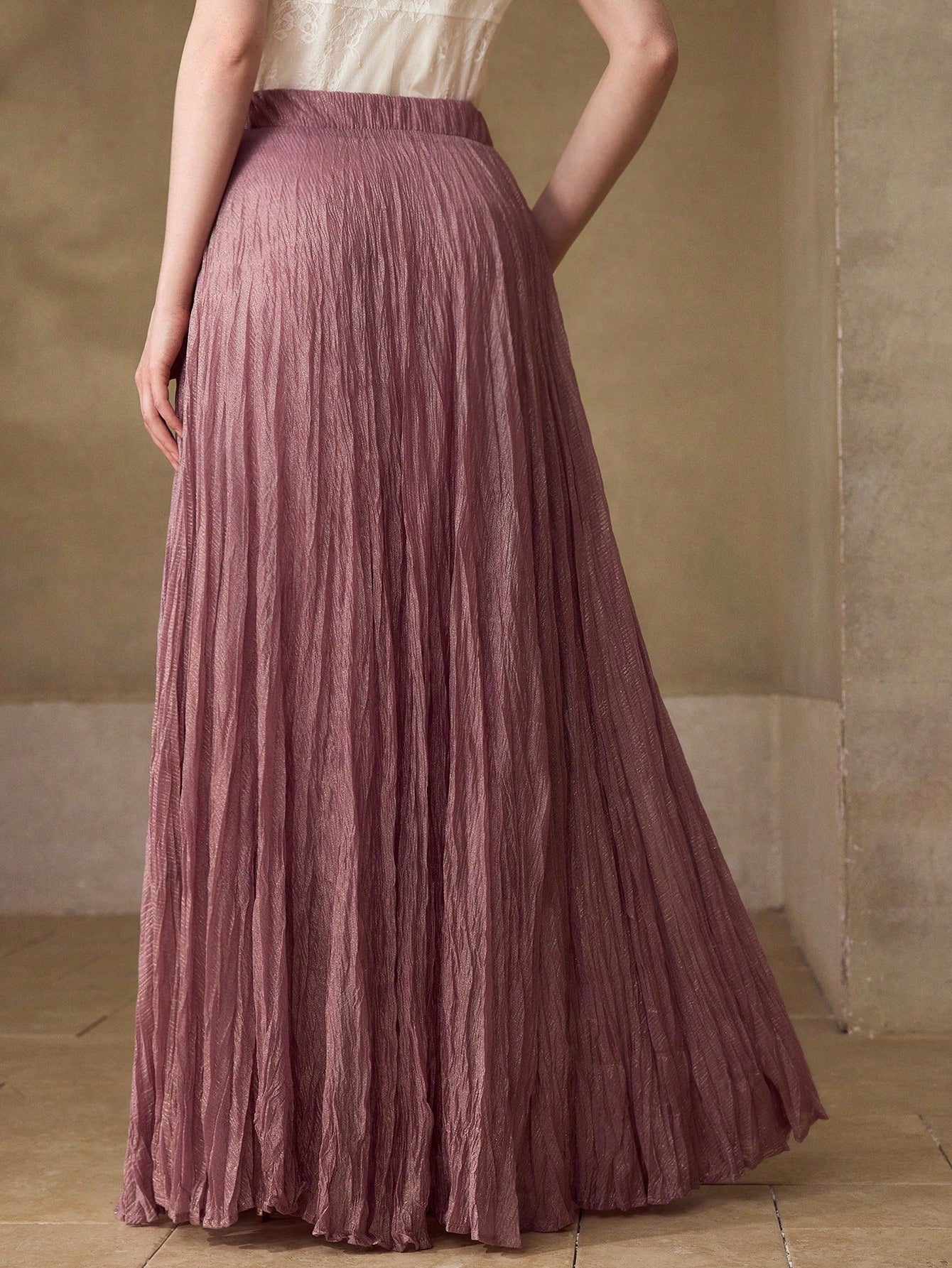 CM-BS416190 Women Elegant Seoul Style Mid Waist Pleated Flared Flowy Skirt - Purple