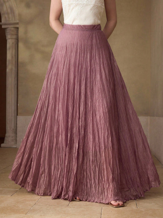 CM-BS416190 Women Elegant Seoul Style Mid Waist Pleated Flared Flowy Skirt - Purple