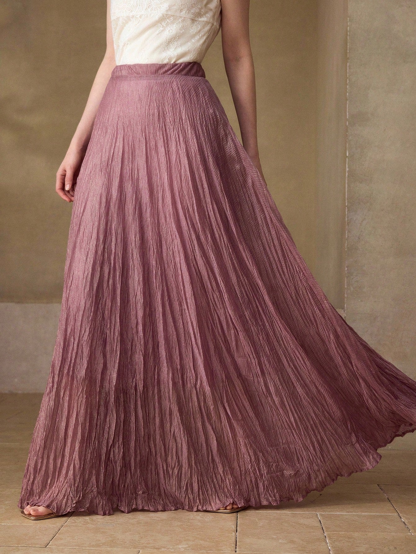 CM-BS416190 Women Elegant Seoul Style Mid Waist Pleated Flared Flowy Skirt - Purple