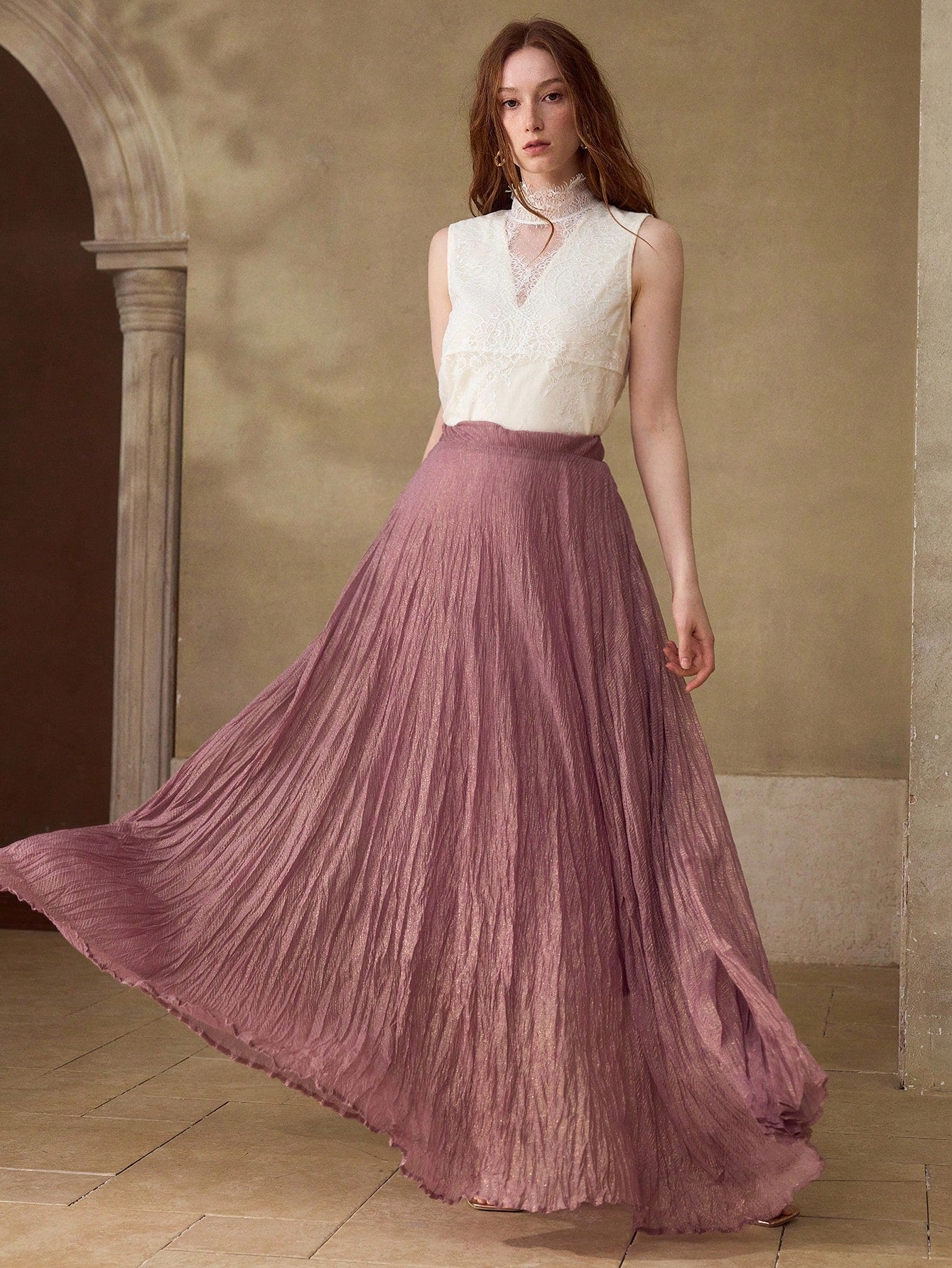 CM-BS416190 Women Elegant Seoul Style Mid Waist Pleated Flared Flowy Skirt - Purple