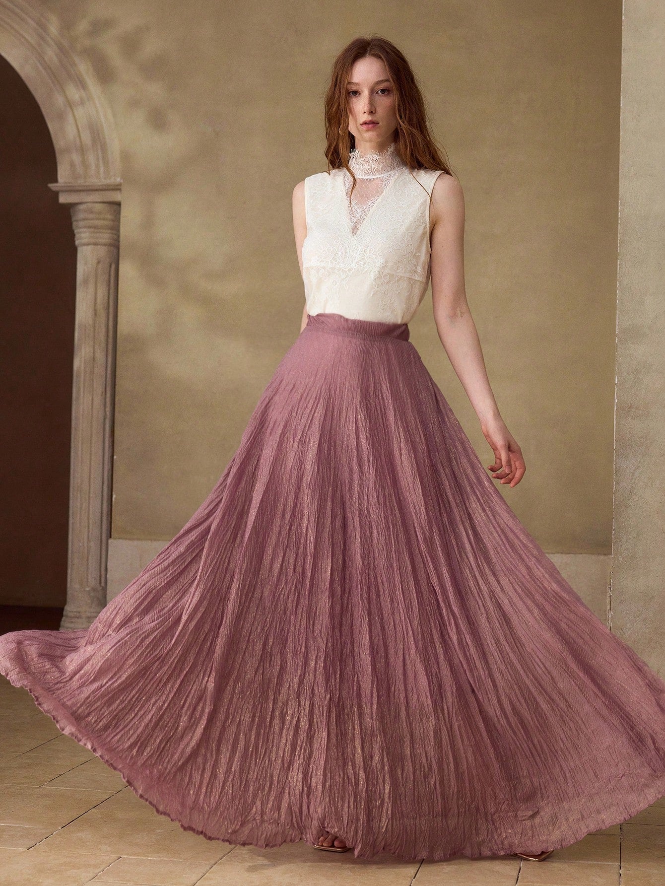 CM-BS416190 Women Elegant Seoul Style Mid Waist Pleated Flared Flowy Skirt - Purple