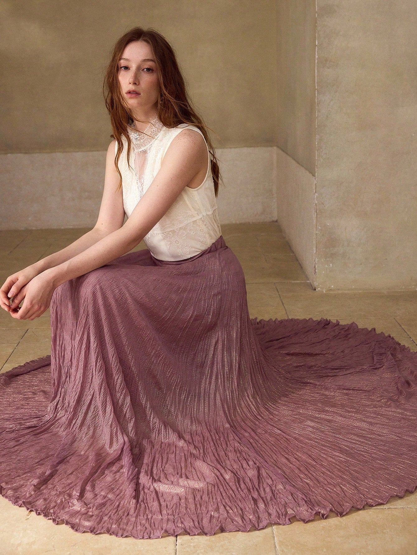 CM-BS416190 Women Elegant Seoul Style Mid Waist Pleated Flared Flowy Skirt - Purple