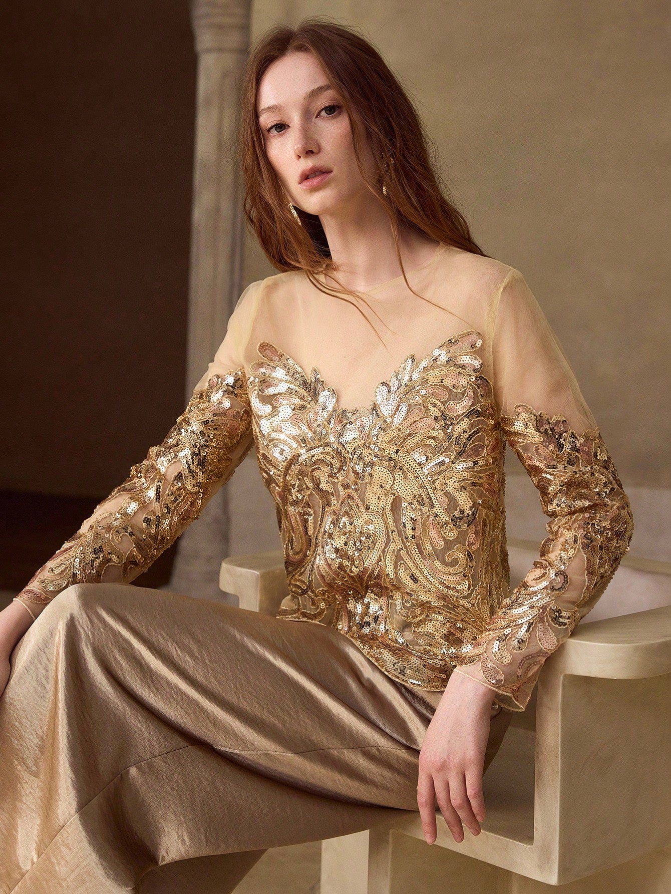 CM-TS615065 Women Elegant Seoul Style Round Neck Long Sleeve Sequins Embroidered Sheer Mesh Top - Gold