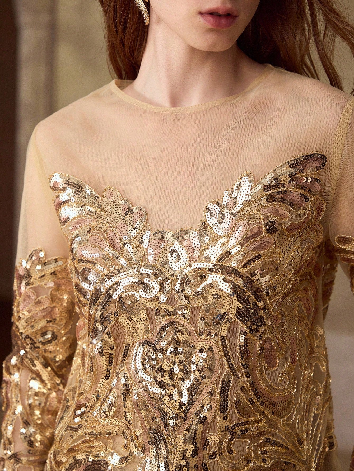CM-TS615065 Women Elegant Seoul Style Round Neck Long Sleeve Sequins Embroidered Sheer Mesh Top - Gold