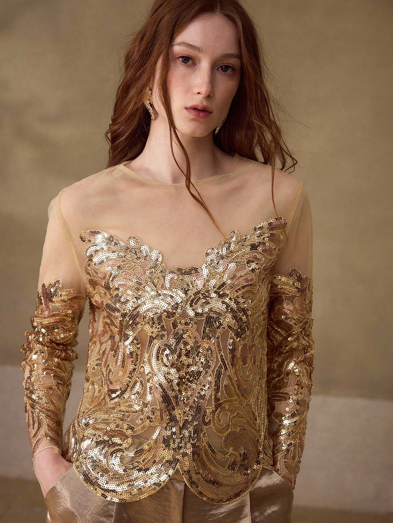 CM-TS615065 Women Elegant Seoul Style Round Neck Long Sleeve Sequins Embroidered Sheer Mesh Top - Gold