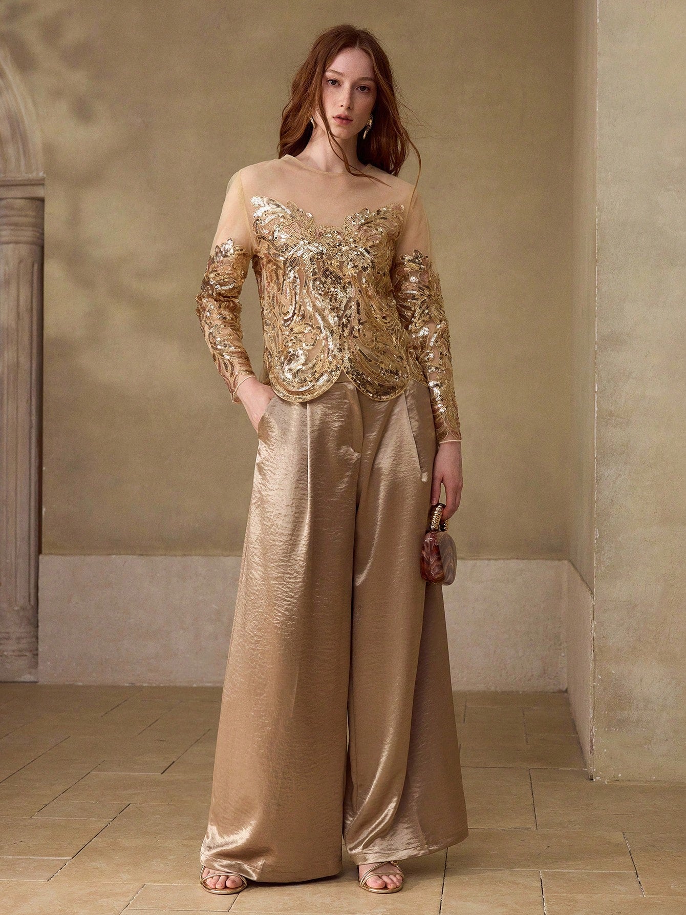 CM-TS615065 Women Elegant Seoul Style Round Neck Long Sleeve Sequins Embroidered Sheer Mesh Top - Gold