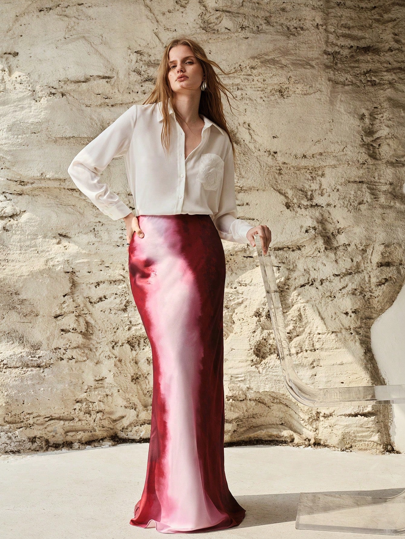 CM-BS720039 Women Elegant Seoul Style Mid Waist Ombre Print Maxi Fish Tail Skirt