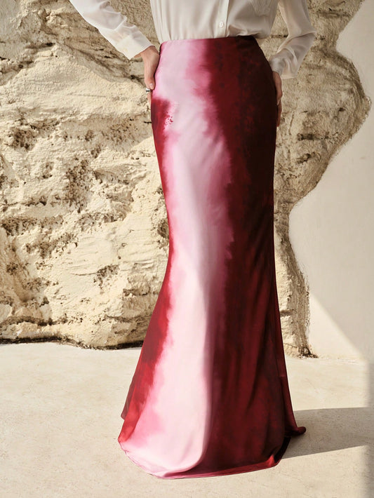 CM-BS720039 Women Elegant Seoul Style Mid Waist Ombre Print Maxi Fish Tail Skirt
