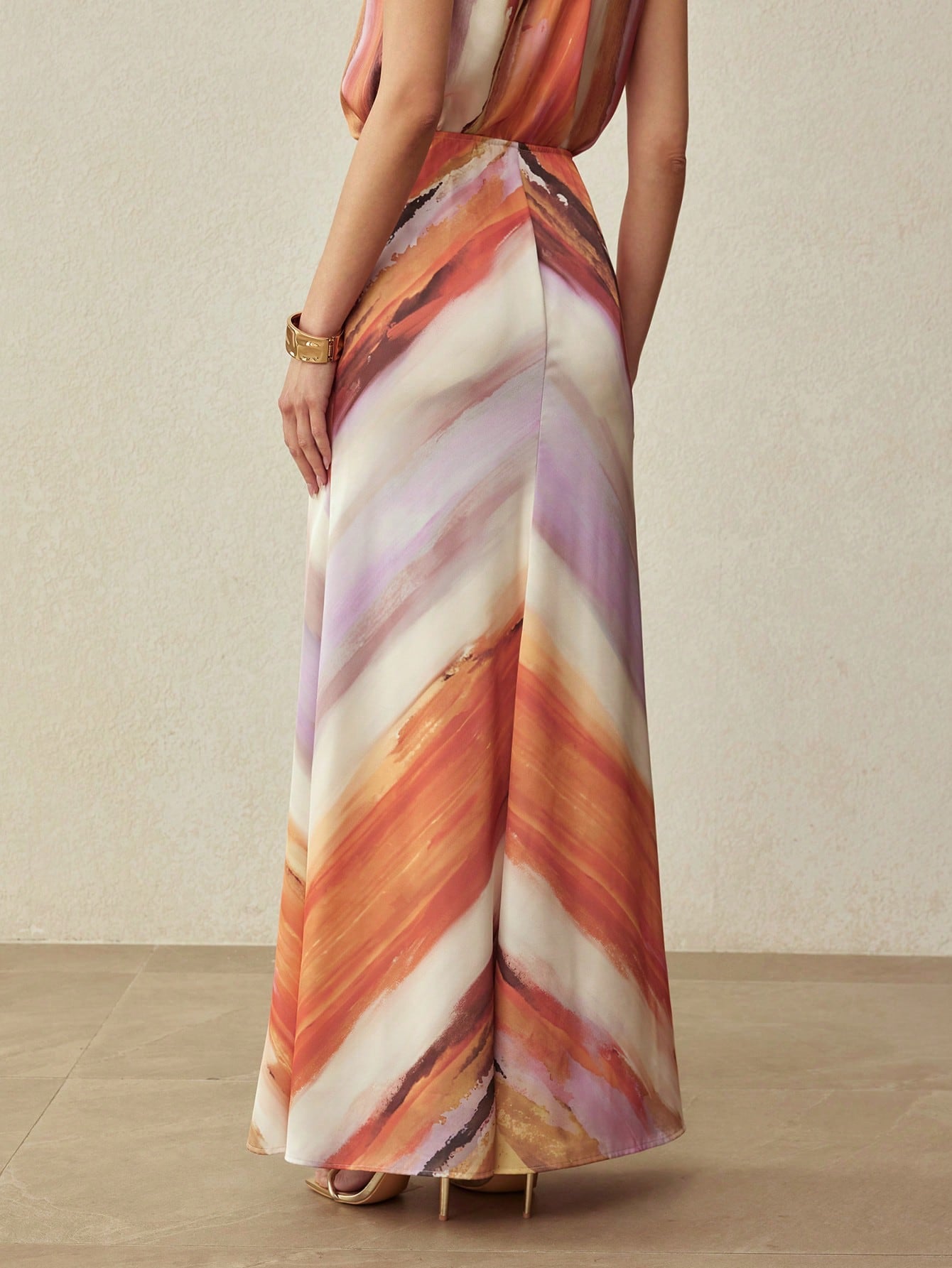 CM-BS004358 Women Elegant Seoul Style Mid Waist Satin Ombre Printed Maxi Skirt