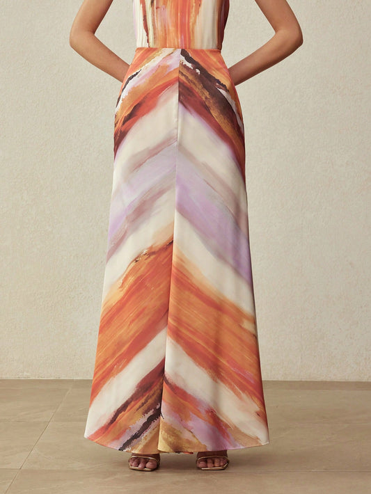 CM-BS004358 Women Elegant Seoul Style Mid Waist Satin Ombre Printed Maxi Skirt