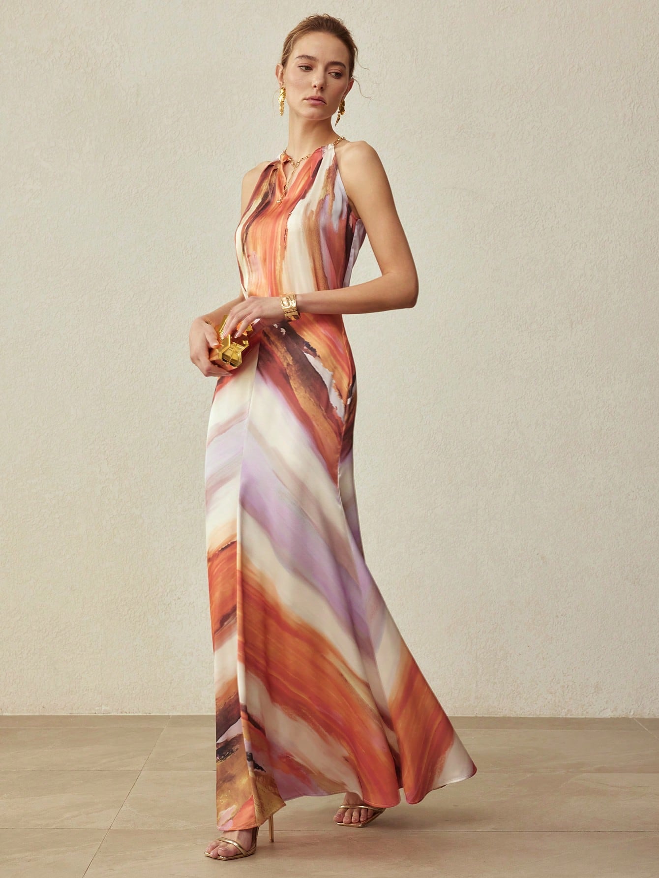 CM-BS004358 Women Elegant Seoul Style Mid Waist Satin Ombre Printed Maxi Skirt