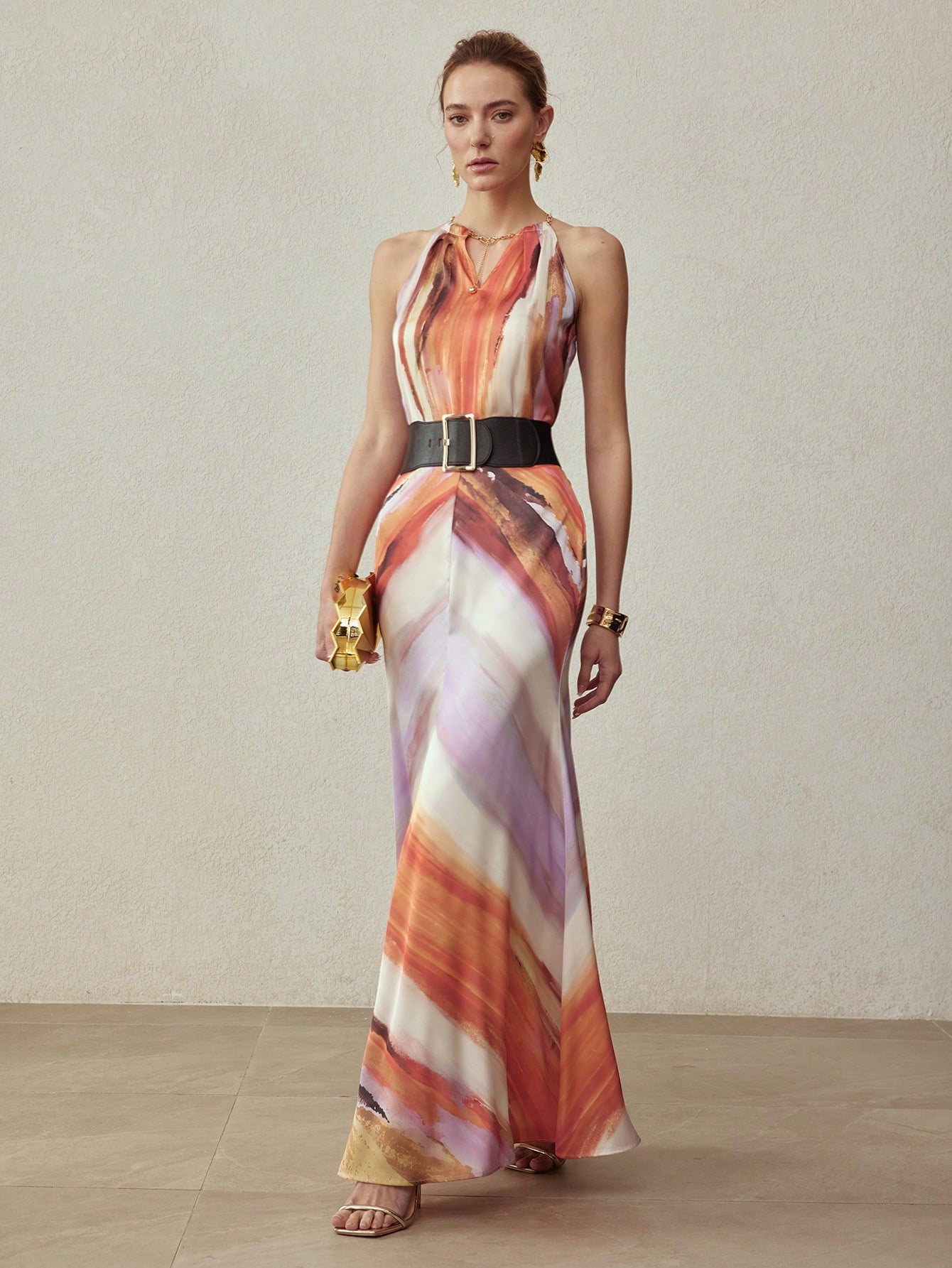 CM-BS004358 Women Elegant Seoul Style Mid Waist Satin Ombre Printed Maxi Skirt
