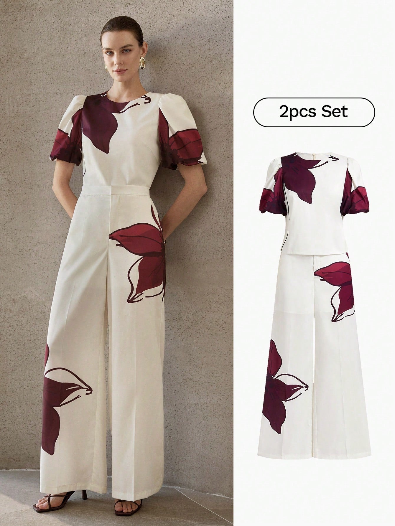 CM-SS528265 Women Elegant Seoul Style Asymmetric Floral Print Round Neck Short Sleeve Top With Long Pants - Set