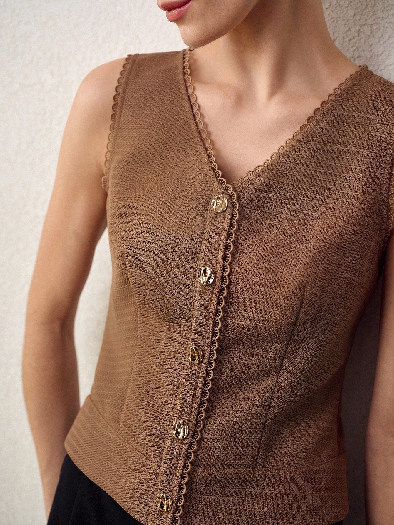 CM-TS655543 Women Elegant Seoul Style V-Neck Cinched Waist Sleeveless Vest Top - Brown
