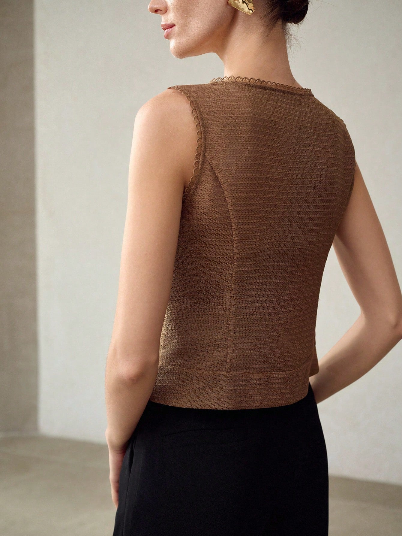 CM-TS655543 Women Elegant Seoul Style V-Neck Cinched Waist Sleeveless Vest Top - Brown