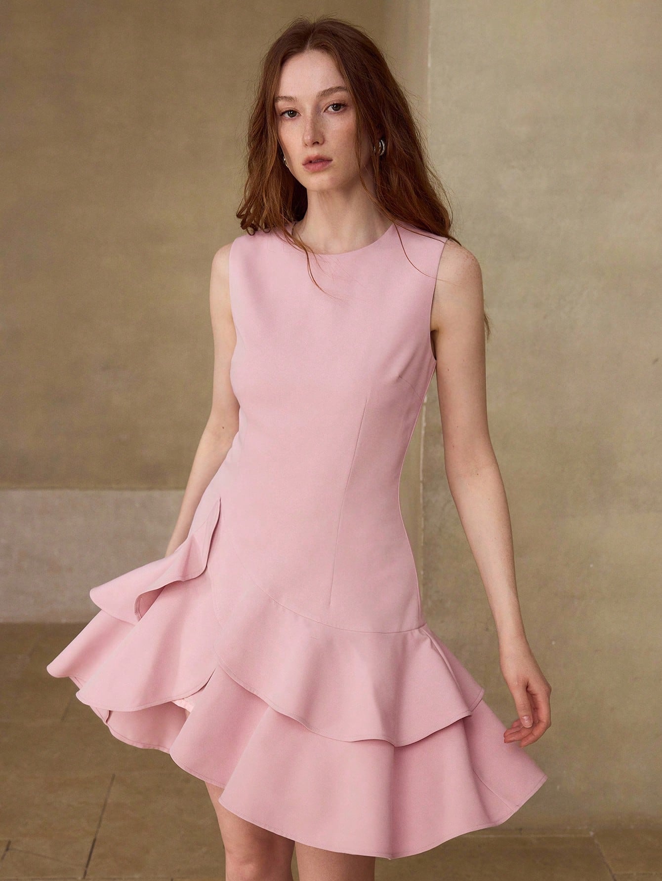 CM-DS985813 Women Elegant Seoul Style Round Neck Sleeveless Asymmetricla Hem Mini Dress - Pink