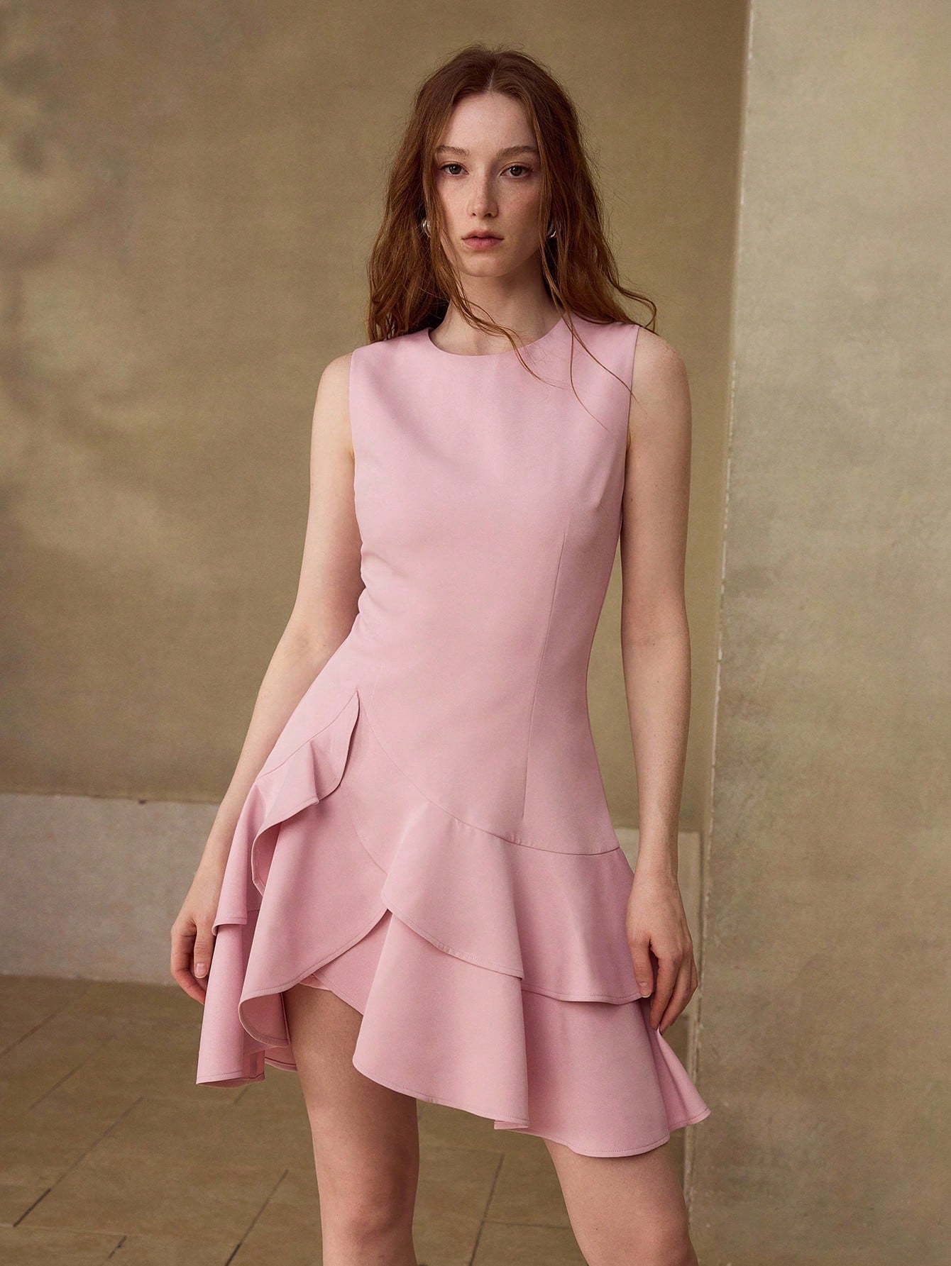 CM-DS985813 Women Elegant Seoul Style Round Neck Sleeveless Asymmetricla Hem Mini Dress - Pink