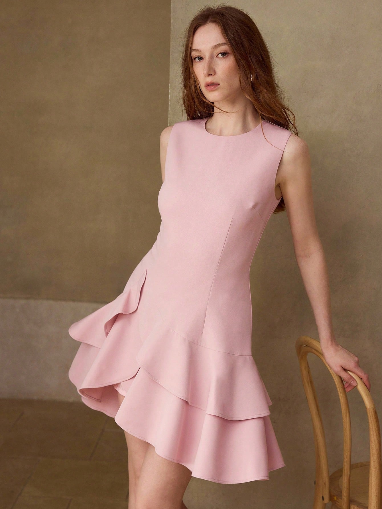 CM-DS985813 Women Elegant Seoul Style Round Neck Sleeveless Asymmetricla Hem Mini Dress - Pink