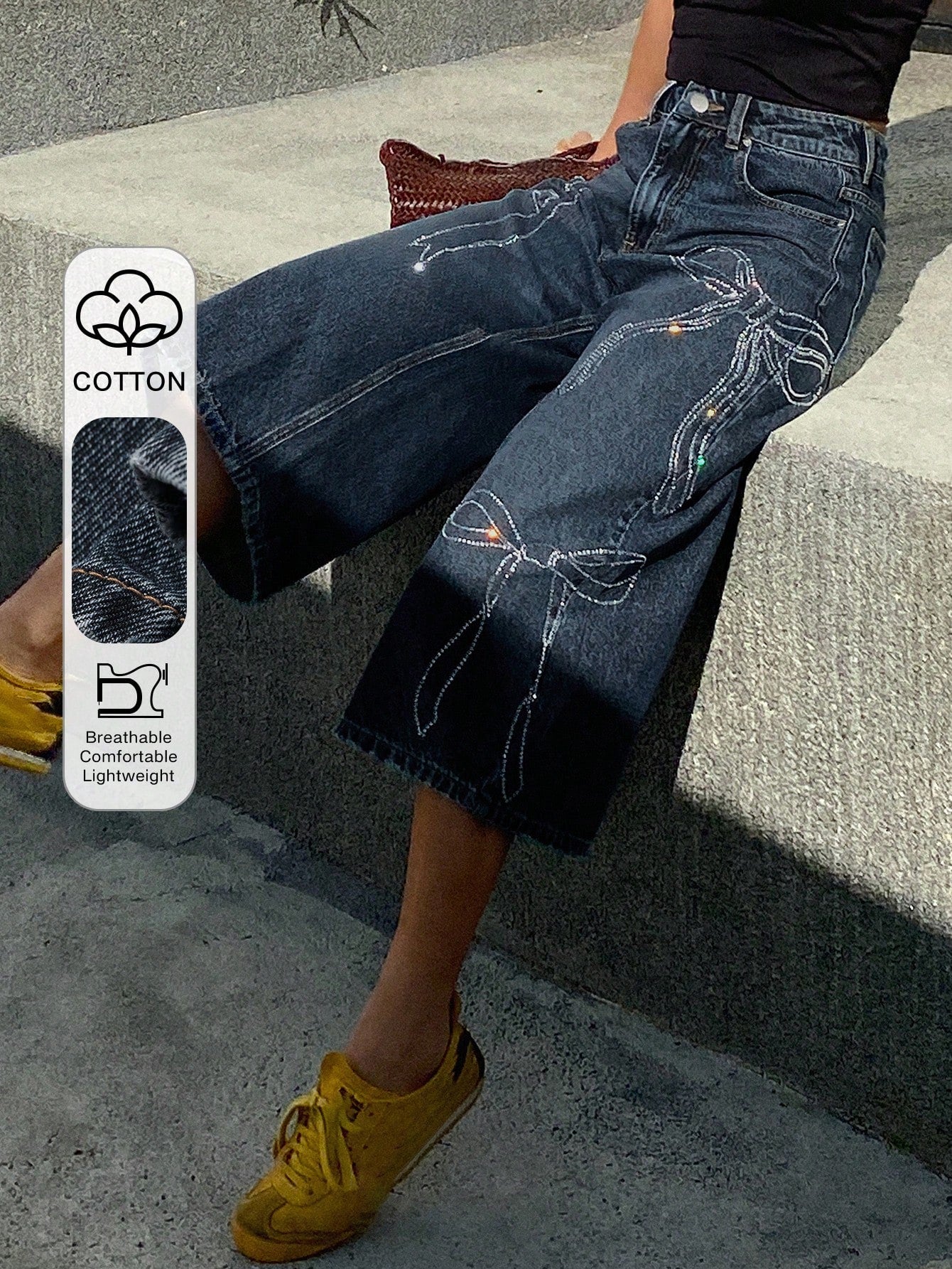 CM-BS111004 Women Casual Seoul Style Medium Wash Mid-Waist 3/4 Rhinestone Embellished Straight Leg Jeans