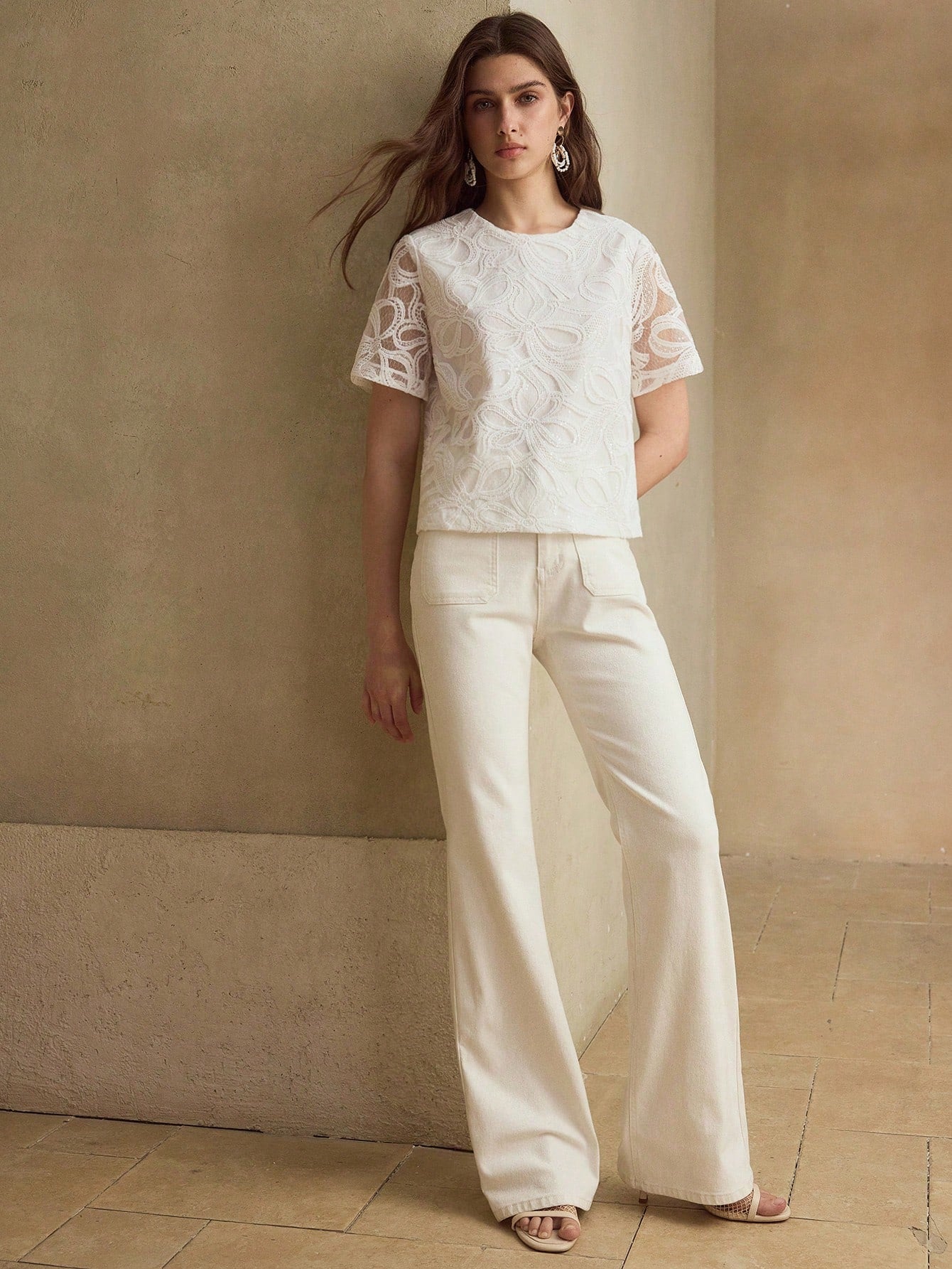 CM-TS956259 Women Elegant Seoul Style Round Neck Short Sleeve Bow Hollow Embroidered Sequin Blouse - White
