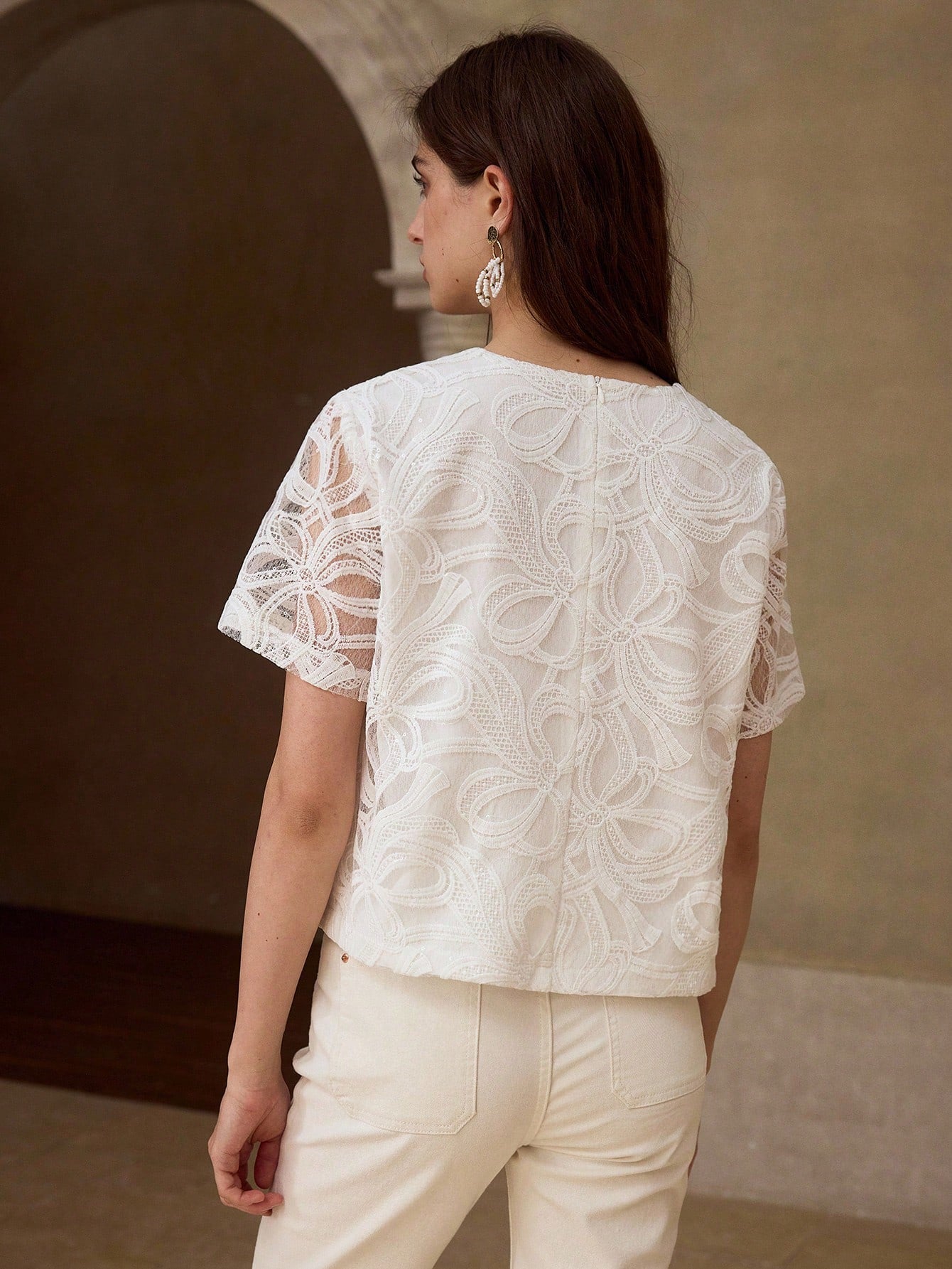 CM-TS956259 Women Elegant Seoul Style Round Neck Short Sleeve Bow Hollow Embroidered Sequin Blouse - White
