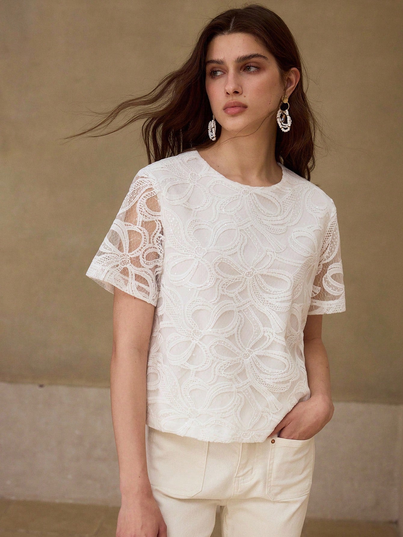 CM-TS956259 Women Elegant Seoul Style Round Neck Short Sleeve Bow Hollow Embroidered Sequin Blouse - White