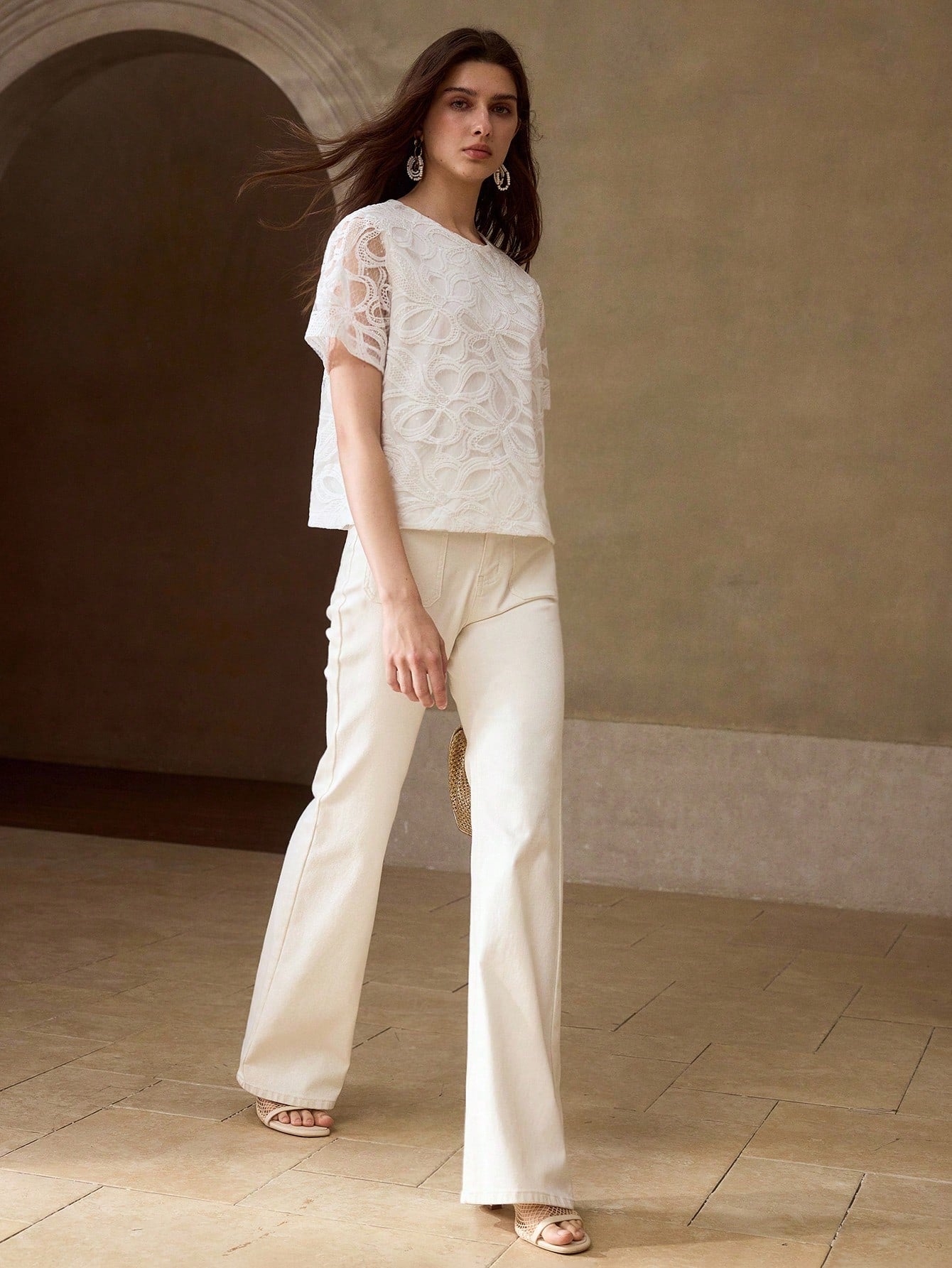 CM-TS956259 Women Elegant Seoul Style Round Neck Short Sleeve Bow Hollow Embroidered Sequin Blouse - White