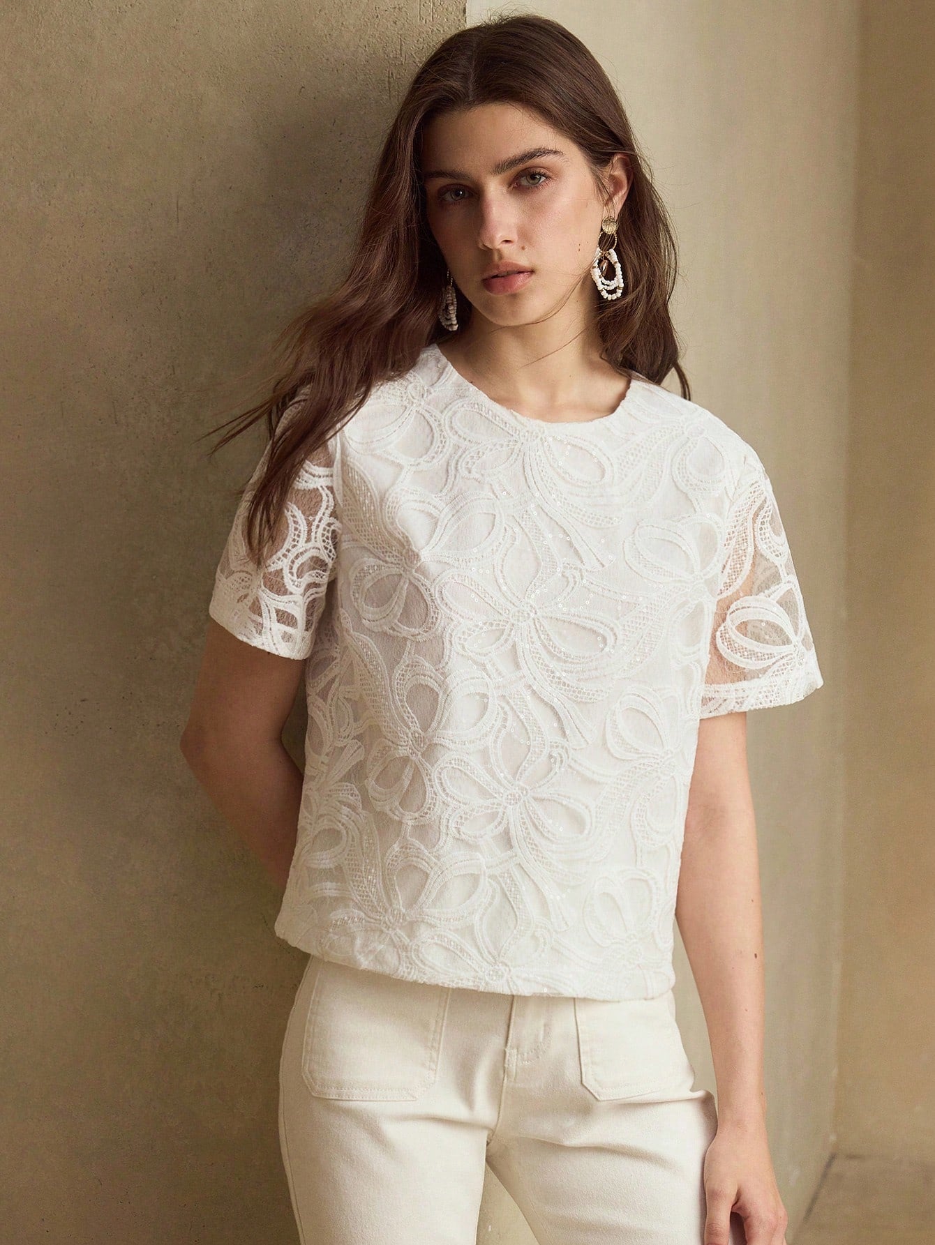 CM-TS956259 Women Elegant Seoul Style Round Neck Short Sleeve Bow Hollow Embroidered Sequin Blouse - White