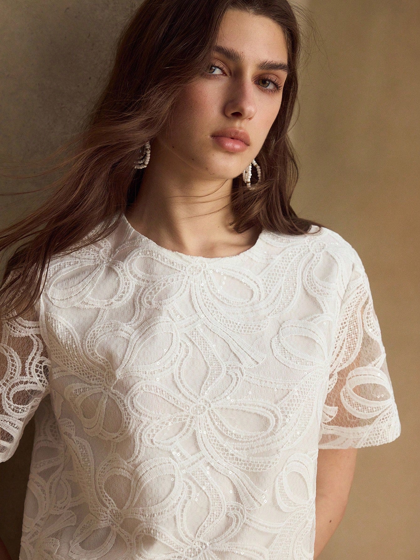 CM-TS956259 Women Elegant Seoul Style Round Neck Short Sleeve Bow Hollow Embroidered Sequin Blouse - White